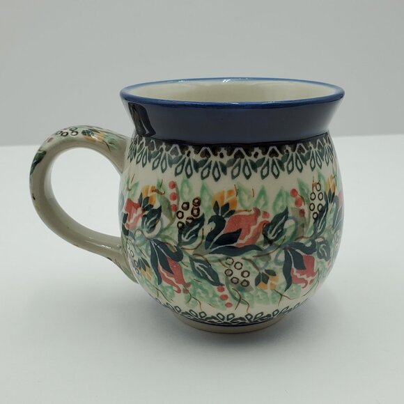 Polish Pottery Rose Bud Roundup Bubble Mug Red Yellow Flowers Blue Green Leaves - Picture 4 of 10